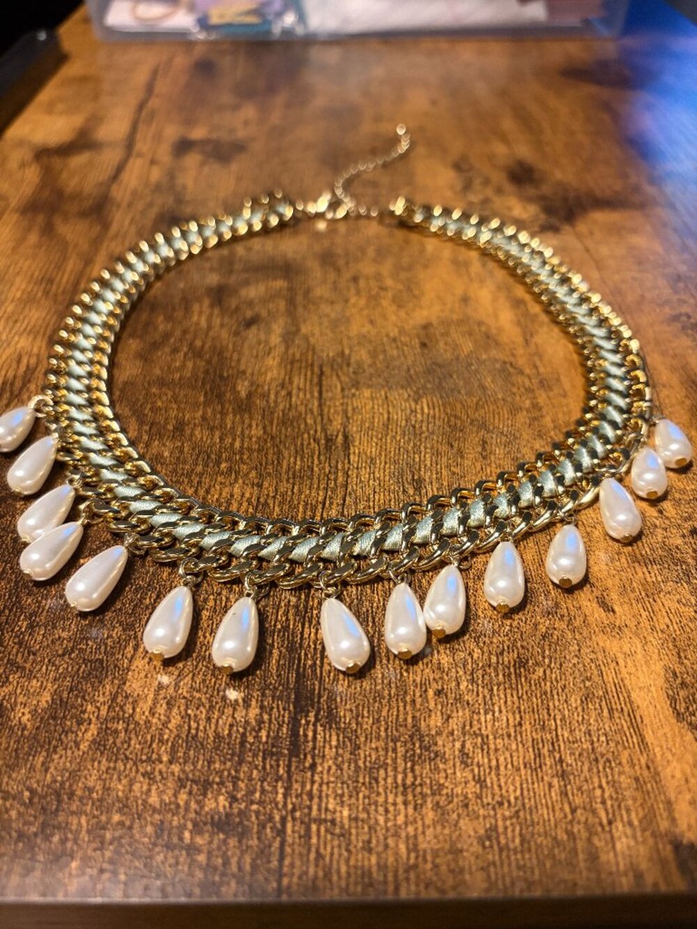 ✨ Vintage Gold Statement Choker Necklace: Woven Ribbon & Drop Pearl Collar